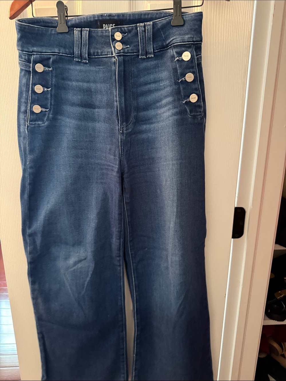 PAIGE High-Rise Wide-Leg Jeans in Medium-Dark Blue with Silver Buttons - Picture 1 of 2
